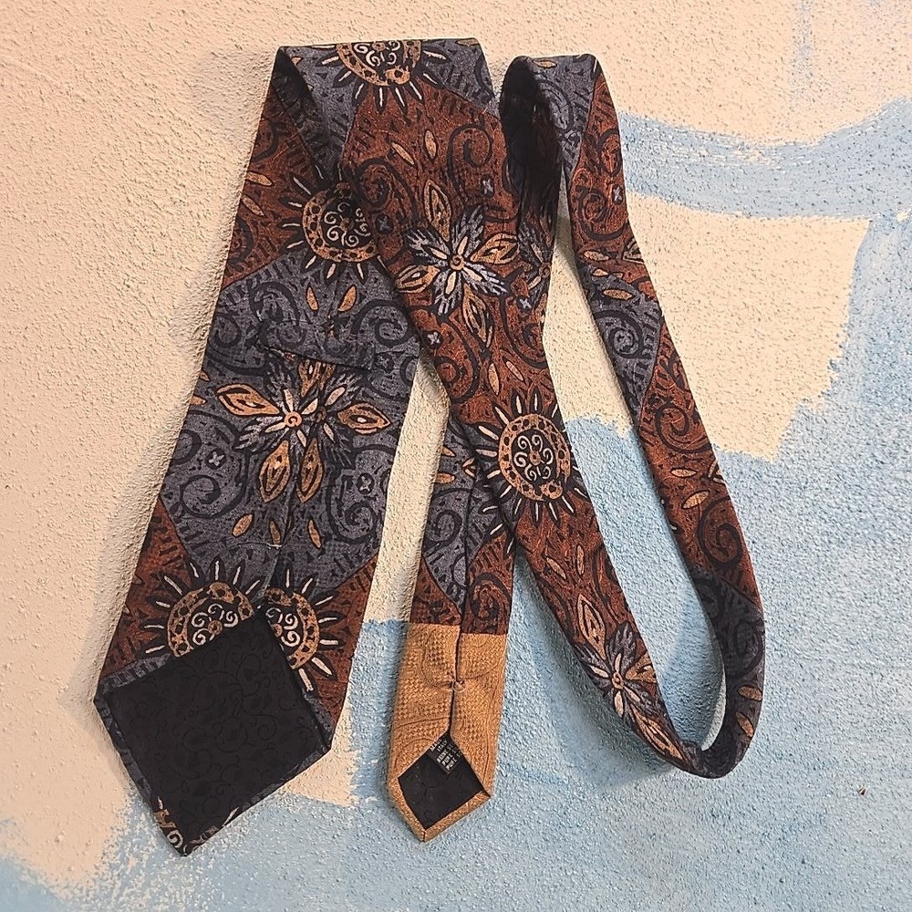 VTG Liz K Mens Silk Tie Brown Blue Gold Sun Moon Paisley Celestial Necktie Italy